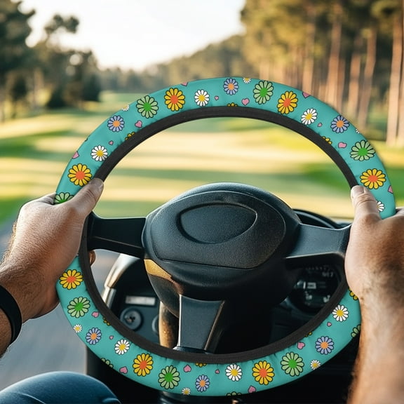 ZUXONGSY Hippie Flower Golf Cart Steering Wheel Covers Car Interior Accessories Universal Automotive Steering Wheel Cover Easy to Use Club Car Steering Wheel Cover Gifts for Golfer Womens