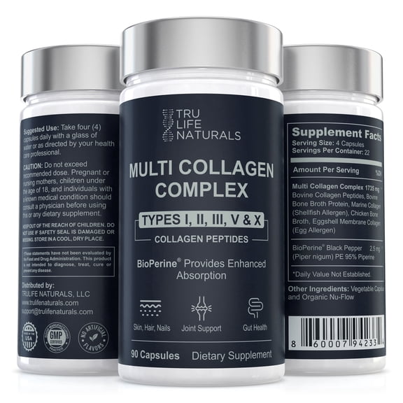 Multi Collagen Complex 5 Types (Types I, II, III, V & X) | Collagen Peptides for Enhanced Absorption | Supports Skin, Hair, Nails & Joints | Marine & Bovine Collagen (90 Capsules)