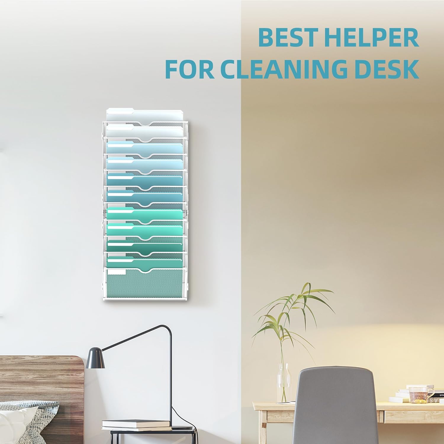 INTIGE 10-Tier Metal Wall File Organizer, Hanging Paper Organizer, White, Screw Mount