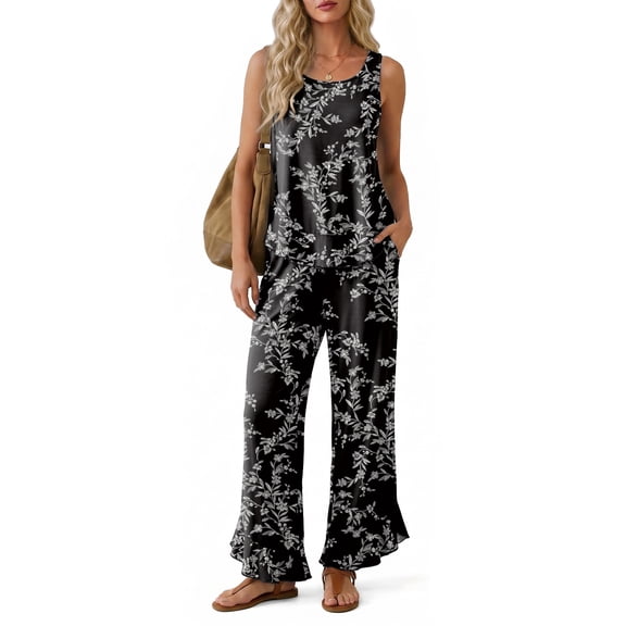 Anygrew Women's 2 Piece Lounge Sets Sleeveless Ruffle Hem Top and Wide Leg Pants with Pockets Casual Sweatsuit Outfits