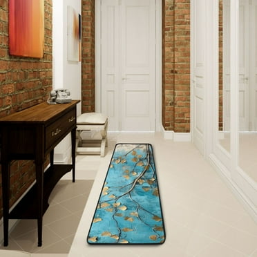 2' x 6' Modern Runner Rugs Hallway Floor Throw Carpet Abstract Flowers Blue Non Slip Entryway Mat Washable Bedroom Bathroom Kitchen
