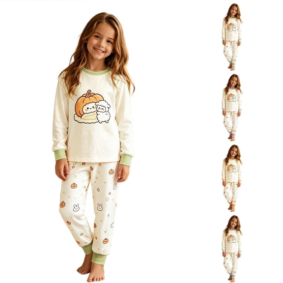 XAOFW Boys Girls Halloween Pajamas Pumpkin Cartoon Print Long Sleeve Tops Pants Toddler Kids Fall Winter Cozy Nightwear 3-4 Years