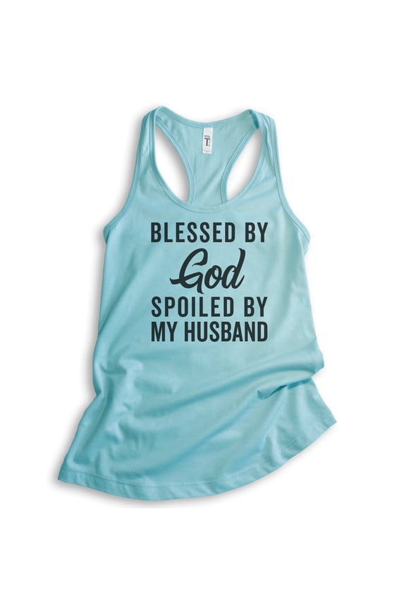 Blessed By God Spoiled By My Husband Tank Top, Ladies Racerback Tank Top, Wife Mom Tank, Religious Tank, Cancun, Large