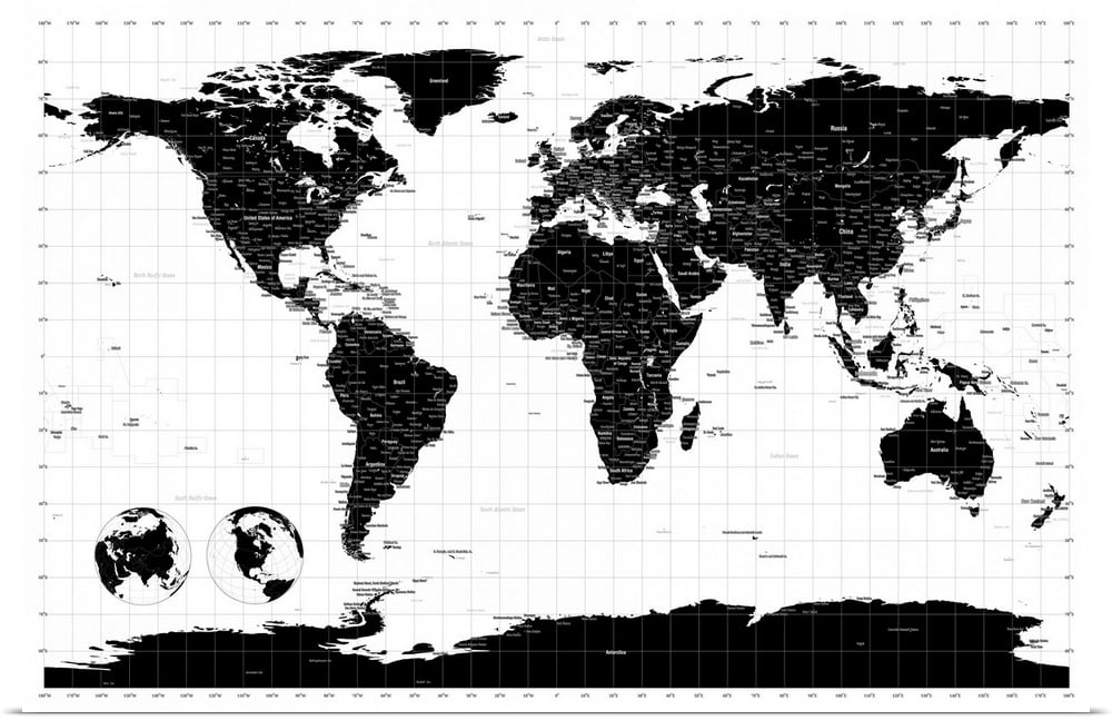 great big canvas world map with longitude and latitude lines marked