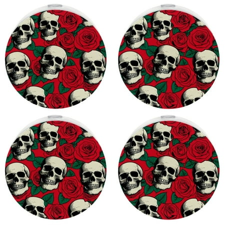 

LED Night Lights Plug into Wall 4-Pack 0.5W Plug in Night Light Dusk to Dawn White Bright Nightlight for Bedroom Bathroom Hallway Kitchen Sugar Skull Flowers Red Rose