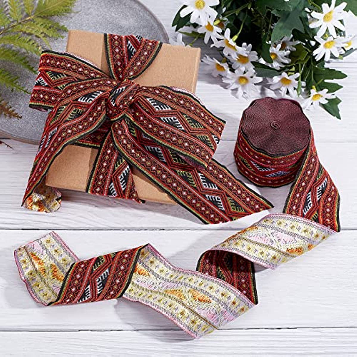 7 Yards 2 Sunflower Jacquard Ribbon Floral Embroidered Woven Trim Vintage Fabric Bias Tape for Home Decor Embellishment (White)
