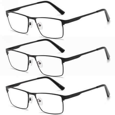 3 Pairs of Mens Classic HD Rectangle Reading Glasses +4.0, Metal Black Spring Hinges Classic Readers 4.0