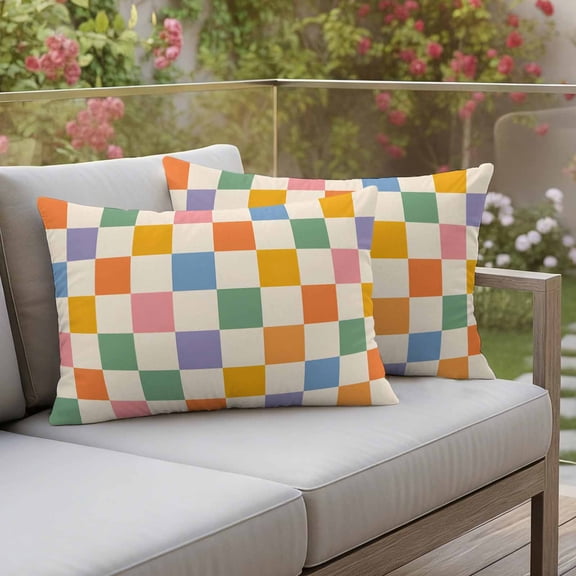 Colorful Checkered Outdoor Waterproof Throw Pillow Covers 20x12 Set of 2, Modern Bobo Geometric Plaid Pattern Decorative Pillowcases Cushion Pillowcase for Couch Sofa Patio Outside Pillow Protector