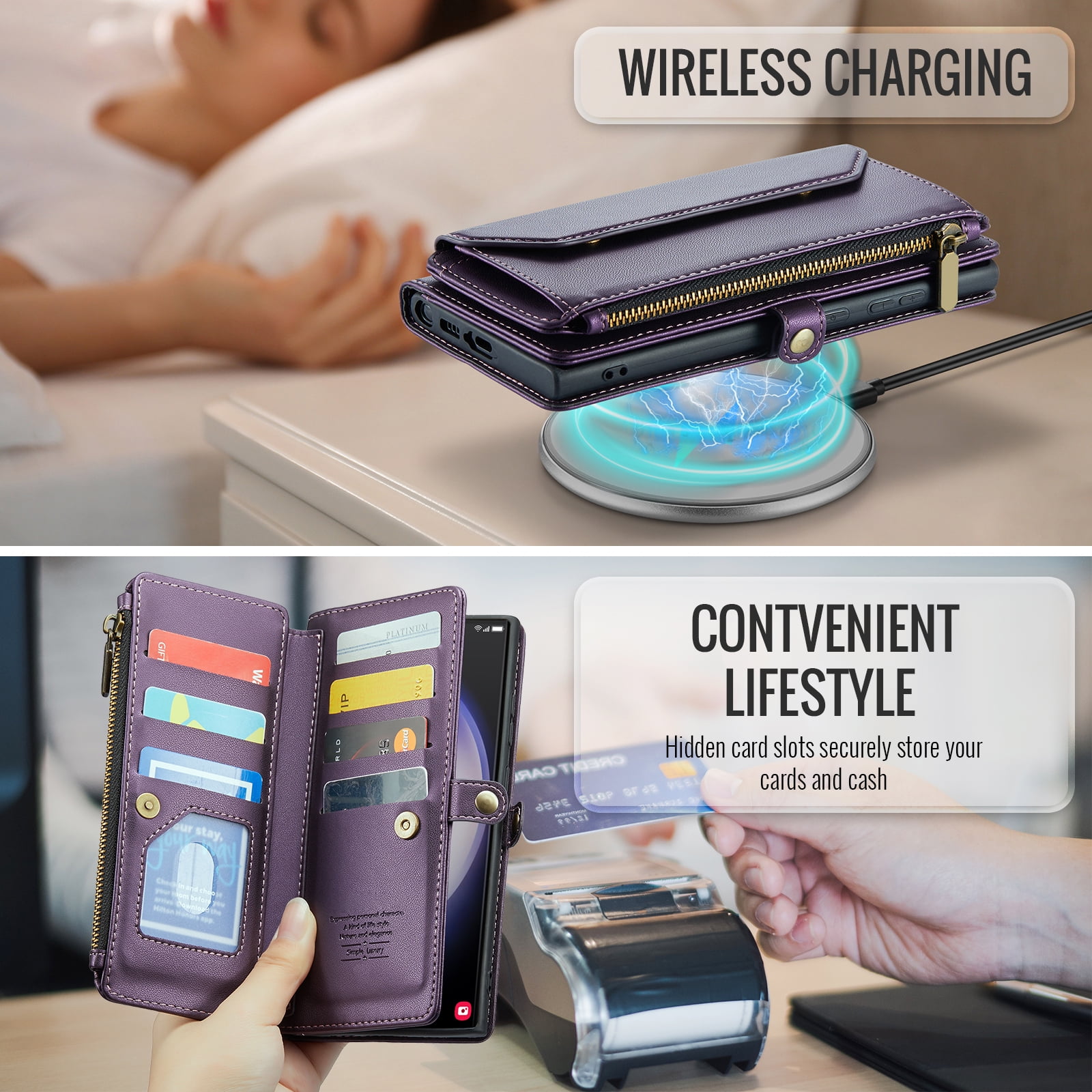 Compatible with Samsung Galaxy S23 Ultra 5G Zipper Wallet Phone Case Tempered Glass Screen Protector Crossbody Lanyard Strap Flip Card Holder Slot Cell Cover for S23Ultra 23S S 23 6.8 Women Purple