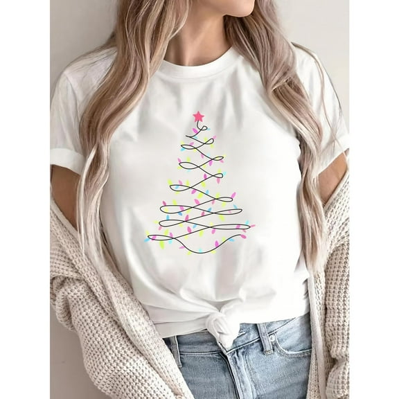Christmas Tree Print T-Shirt with Multicolor & Star Design - Short Sleeve Crew Neck Casual Top White S-5XL