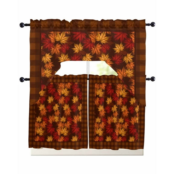 Fall Maple Leaves Kitchen Curtains Sets 24 Inch Length with Valance, Thanksgiving Brown Leaf Retro Plaid Swag Valances and Tiers Curtain Set Drapes Swag Curtains for Living Room, Bathroom, Bedroom