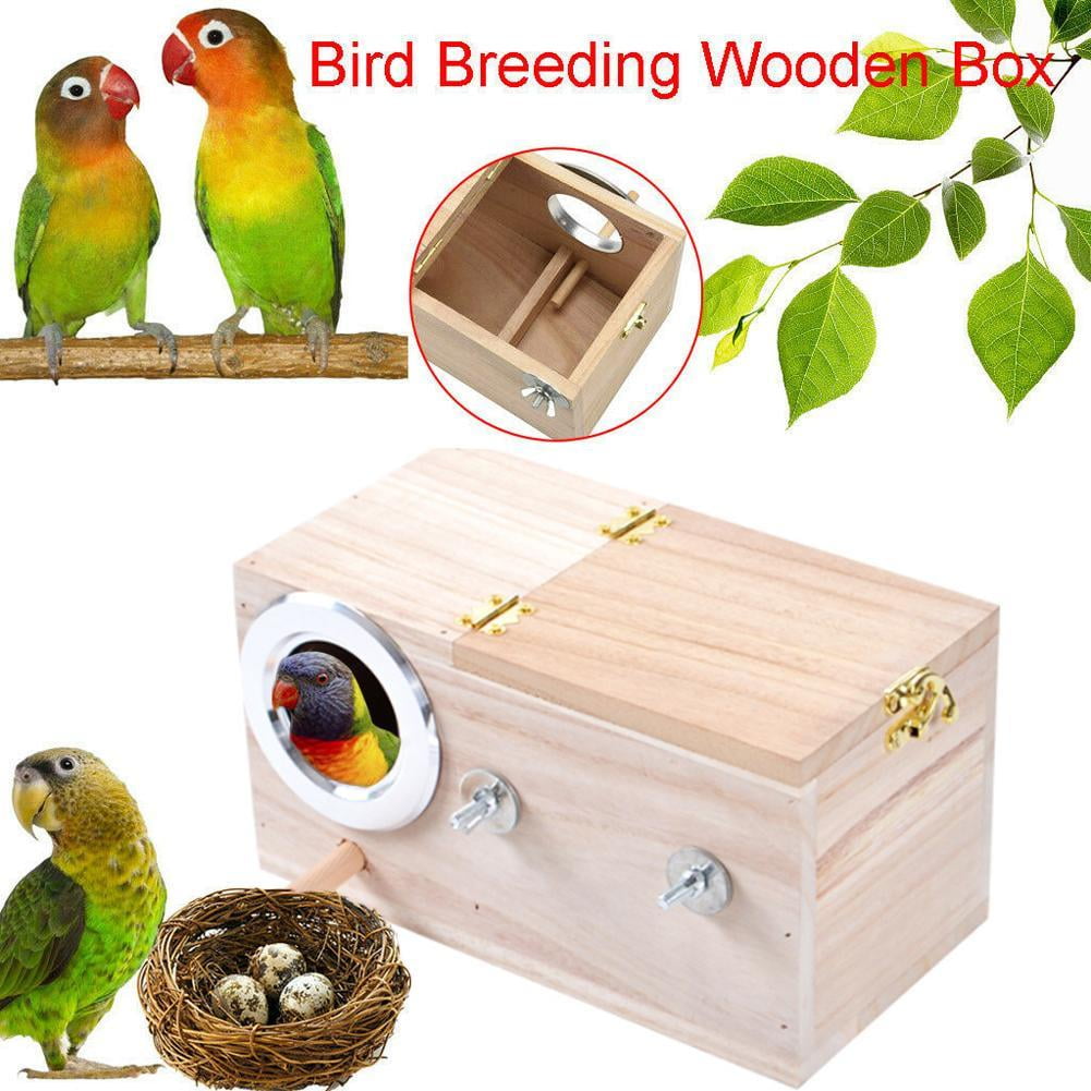 Safety Wood Bird House Cages Parrot Breeding Nesting Box View Window with Perch 