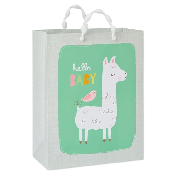 Medium 'Hello Baby' Llama and Bird Baby Shower Gift Bag Multicolor Animal Pattern, 12.75" Height