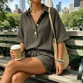 thumbnail image 4 of ClodeEU Women's Linen Blend 2 Piece Outfit,Short Sleeve Button Down Shirt and Elastic Waist Shorts Set Army Green,Women's Plus L, 4 of 8