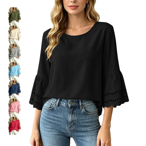 TGSLY 3/4 Bell Sleeve Linen Tops for Women Lightweight Soft Crew Neck Hollow Out Ruffle Shirts Trendy Casual Loose Fit Solid Color Blouses M