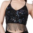 thumbnail image 4 of Top corto con borlas para danza del vientre, llamativo, con cuello halter y espalda descubierta, para mujer. Negro, 4 of 9