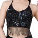 thumbnail image 4 of Top corto con borlas para danza del vientre, llamativo, con cuello halter y espalda descubierta, para mujer. Negro, 4 of 9