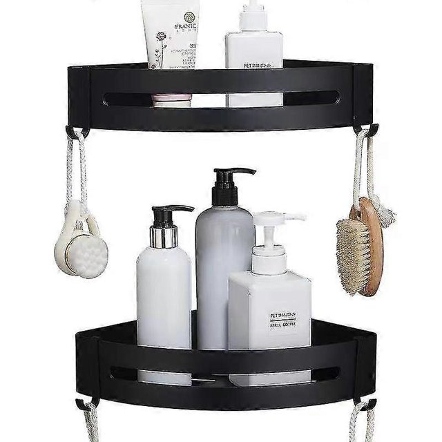 2 Pack No Drilling Adhesive Wall Mounted Bathroom Shower Shelf Storage Organizer With 4 Hooks (black)