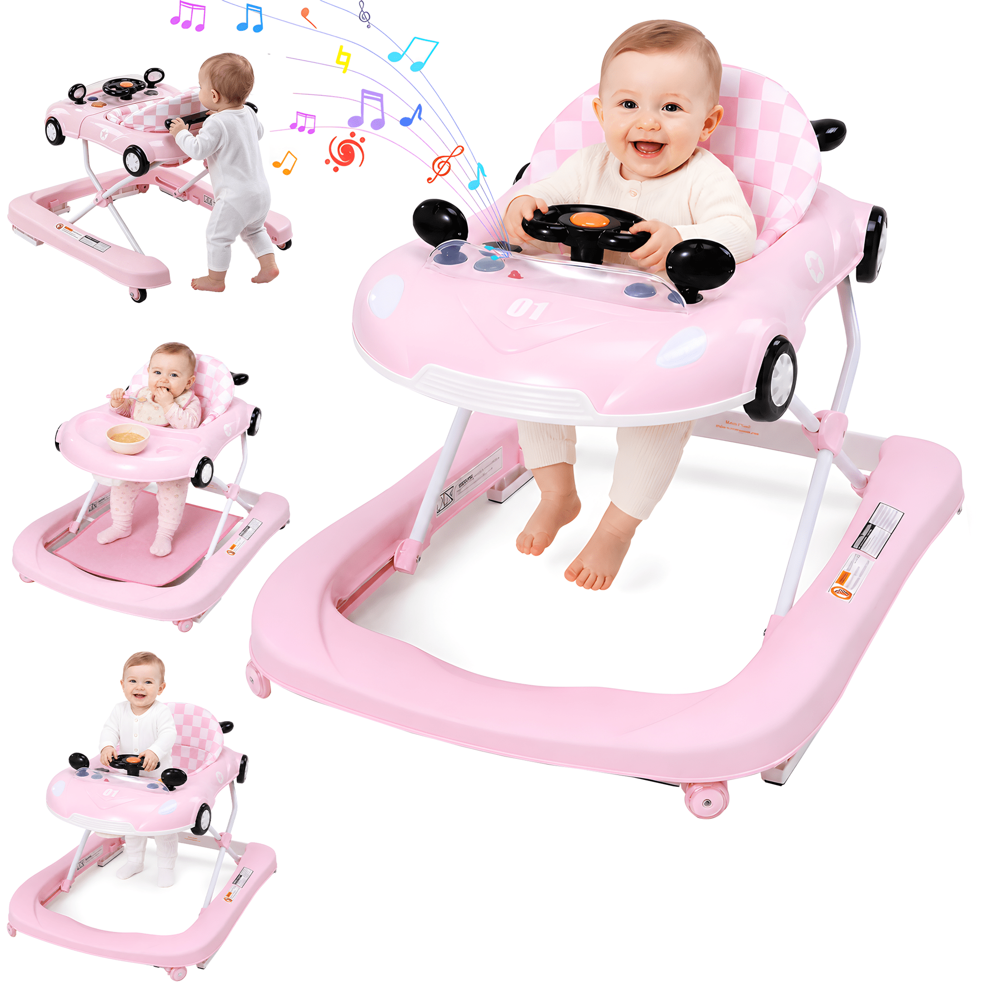 PRVAETU 5 in 1 Baby Walker for Boys Girls, Foldable, Music & Lights, bouncer, Push Walker, Height Adjustable with Wheels for Infants 6-18 Months,Pink