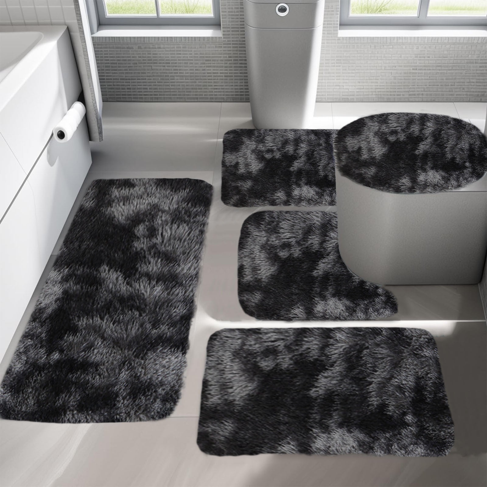 5-Piece Mixed Color Bathroom Rugs Set, Non Slip Long Plush Mat, Water Absorbent Toilet Carpet for Shower Floor