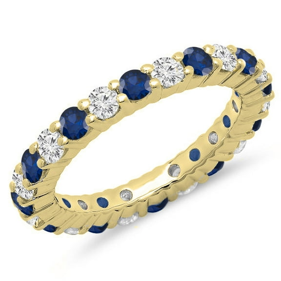 1.00 Carat (ctw) 18K Yellow Gold Round Blue Sapphire & White Diamond Ladies Eternity Wedding Anniversary Stackable Ring