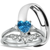 His Hers Sterling Silver CZ Heart Bridal Wedding Band Engagement Ring Set Him Her March Birthstone (8/12)