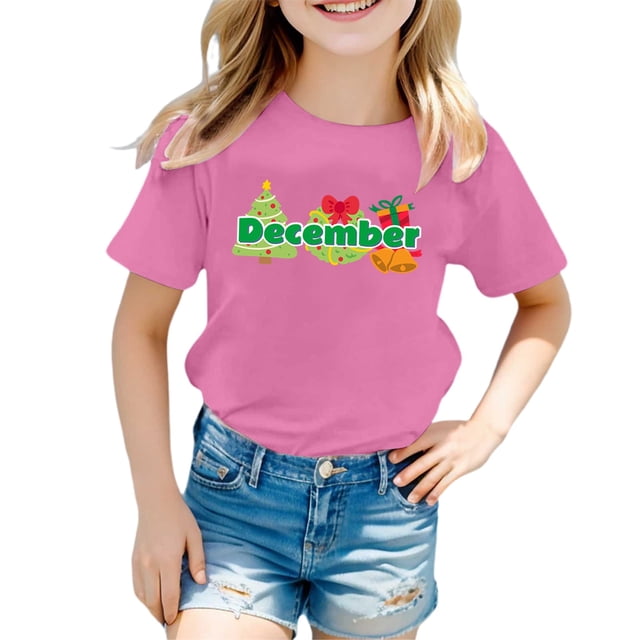 PMVFHDE Hauts d'Été pour Filles T-Shirts d'Été Manches Courtes Tunique Manches Courtes pour Filles T-Shirts d'Été Manches Courtes Col Rond pour Enfants avec Imprimés Mensuels Rose, 5-6 Ans