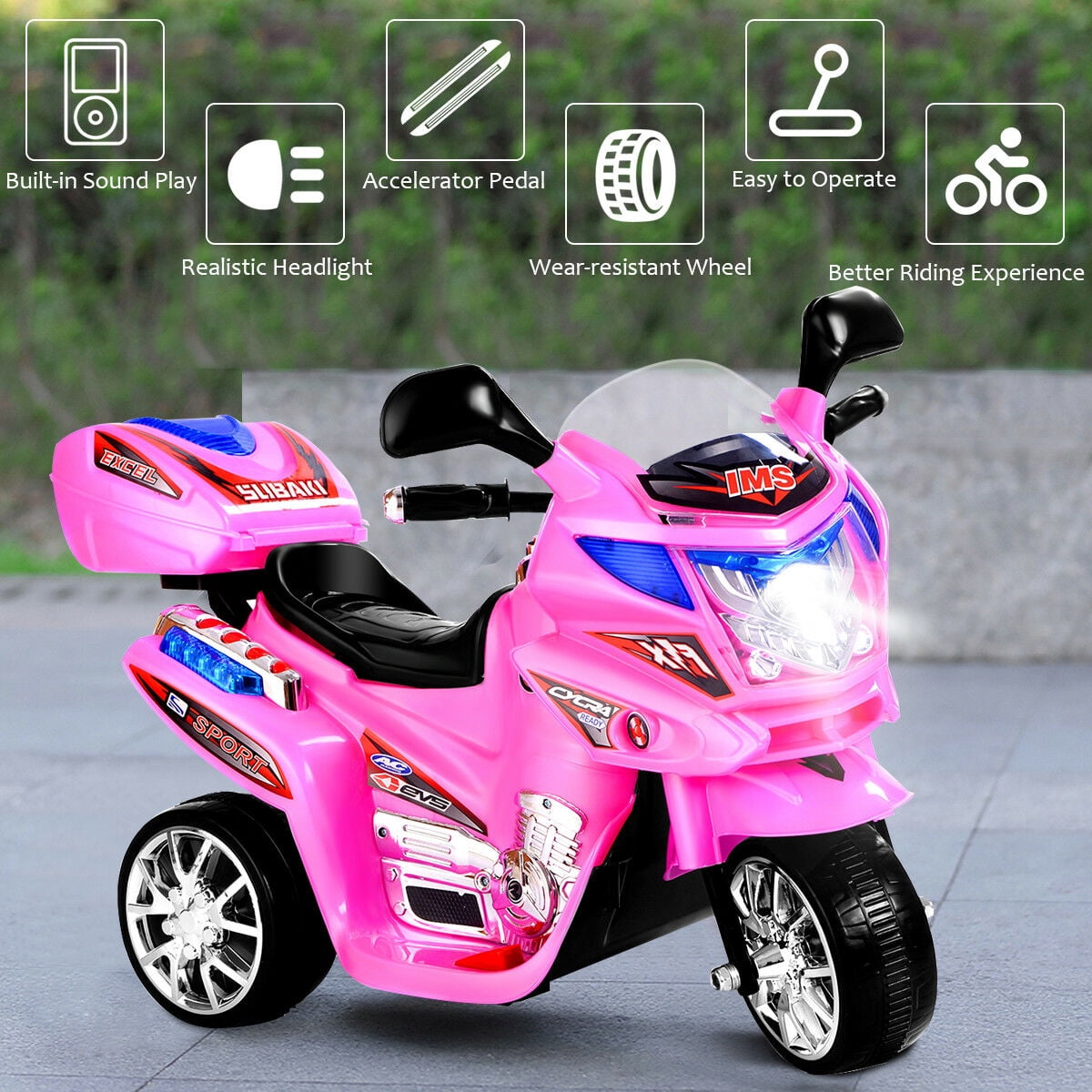 Costway Kids Ride On Motorcycle 3 Wheel 6V Battery Powered Electric Toy Power Bicycle Pink