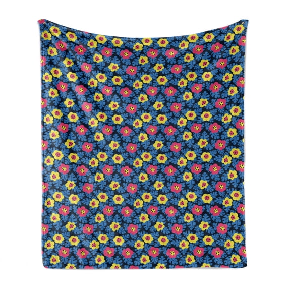 Floral Soft Flannel Fleece Blanket, Colorful Hand Drawn Inspired Arrangement of Flowers Leaves Illustration, Cozy Plush for Indoor and Outdoor Use, 60" x 80", Azure Blue Yellow Coral, by Ambesonne