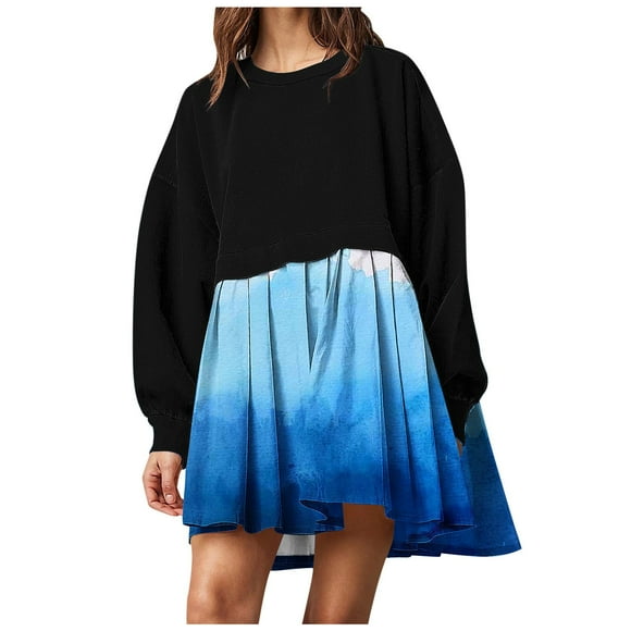 cfhntfmh Womens Fall Dresses Casual Long Sleeve Crewneck T-shirts Dresses Loose Pleated Color Block Beach Mini Dress