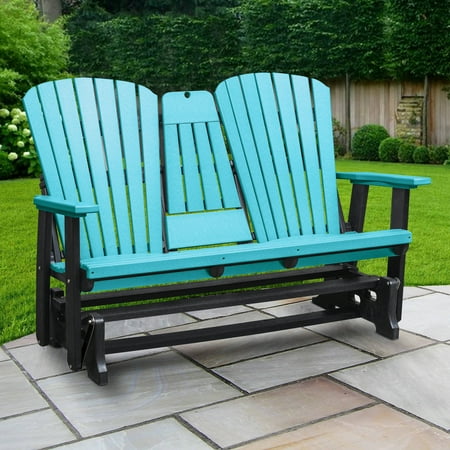 Furniture Classics Model 524ARB Two Seat Fan Back Glider with Drop Down Table/Cup Holder in Aruba Blue with Black Base