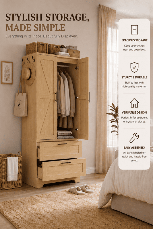 Lacoo Beige Wardrobe Armoire, 70.8 in, 2 Drawers, Motion-Sensor Light