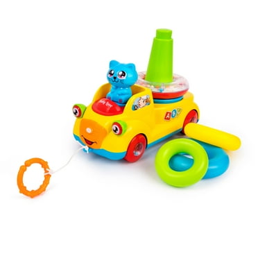 Playkidz Stackable Rings and Pull Along Toy Bus for Toddlers - Sensory and Educational Toy for Girls and Boys Ages 3 , Great Birthday Gift