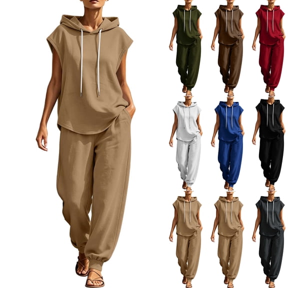 Jogger Pants Sets for Women 2 Piece,Drawstring Sleeveless Pullover Hoodie,with Pockets,Summer Tracksuit Outfits