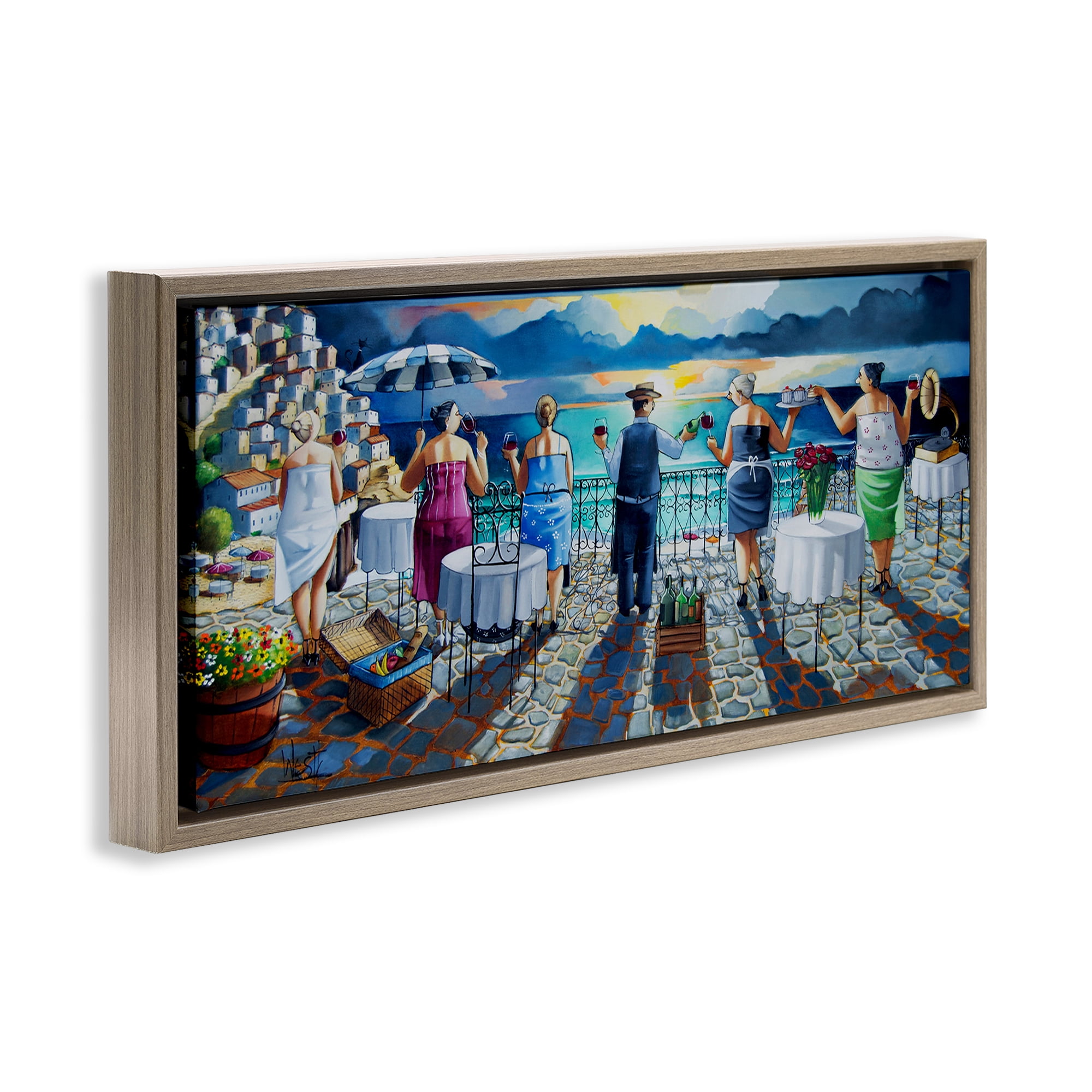 Stupell Industries Villa Sunset View People Painting Brown Floater Framed Canvas Art Print Wall Art, 25 x 11