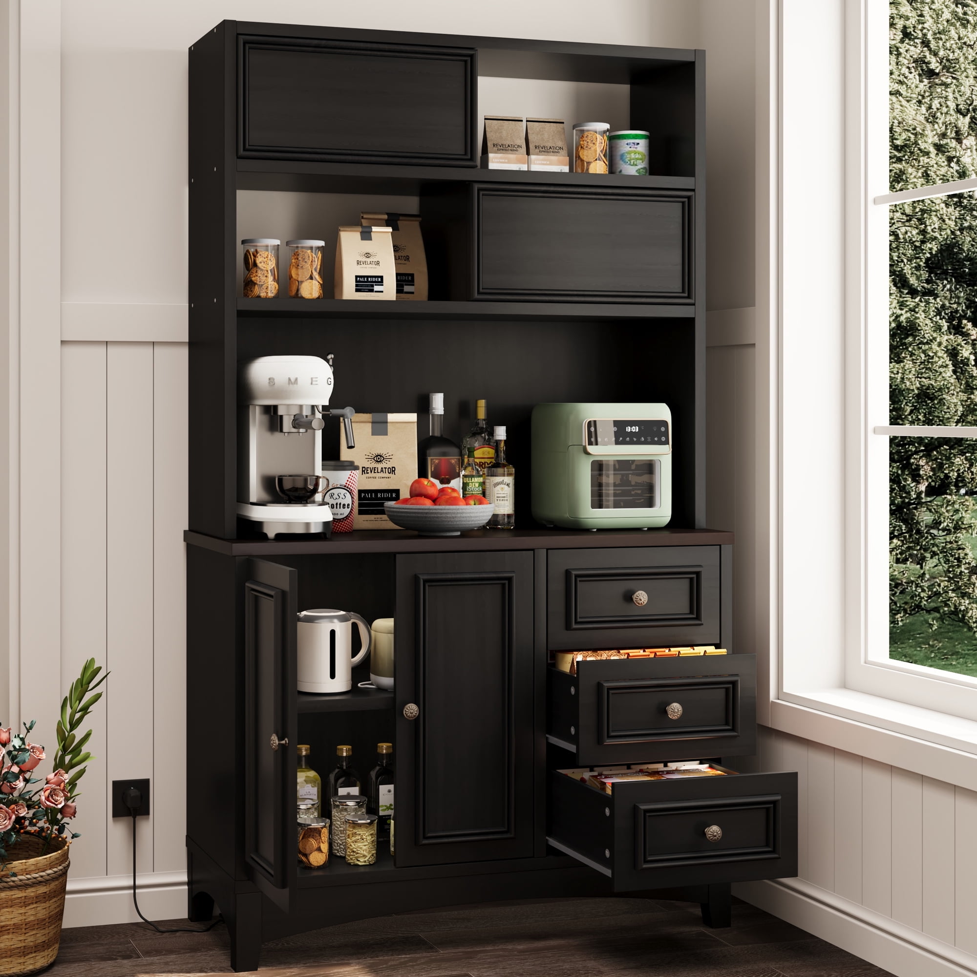 71" Kitchen Hutch with Storage Drawers, Pantry Cabinet with Charging Station for Living Room, Dining Room, Black