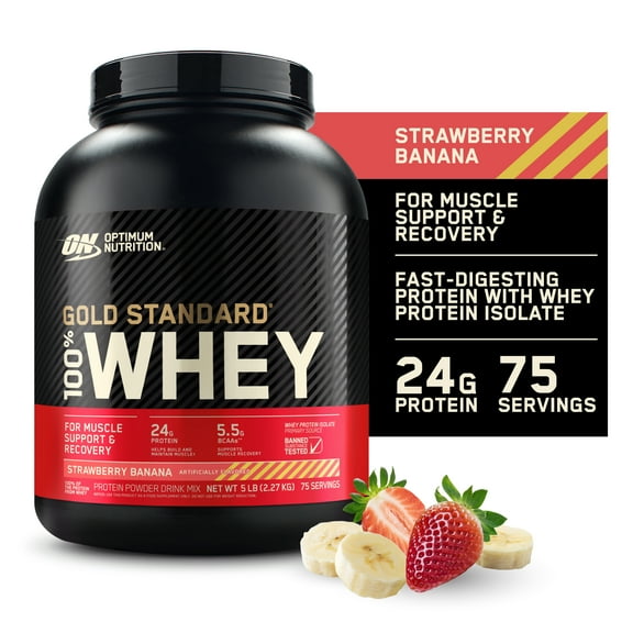 Optimum Nutrition, Gold Standard 100% Whey Protein Powder, Strawberry Banana, 5 lb, 75 Servings