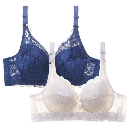 WREESH Womens Lace Bralette Push Up Soft Padded Bras Wireless Plunge Bra Adjustable Strap Comfortable Everyday Bras 2 Pack Blue