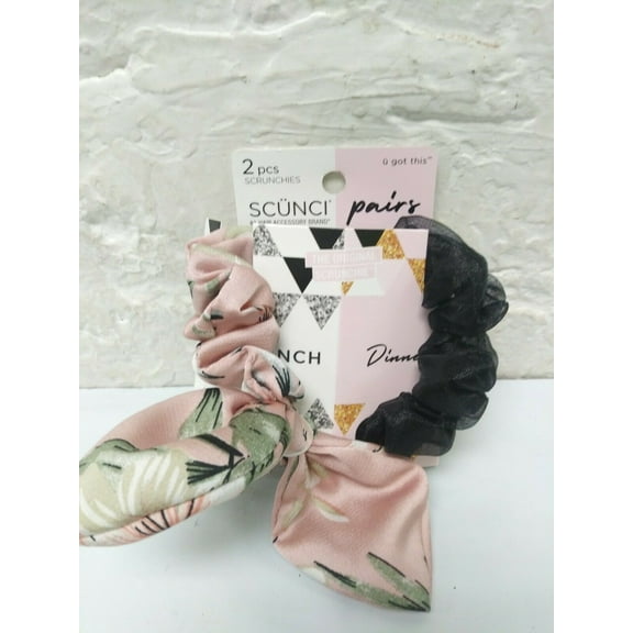Scunci Pairs 2-Pcs Scrunchies Black & Floral