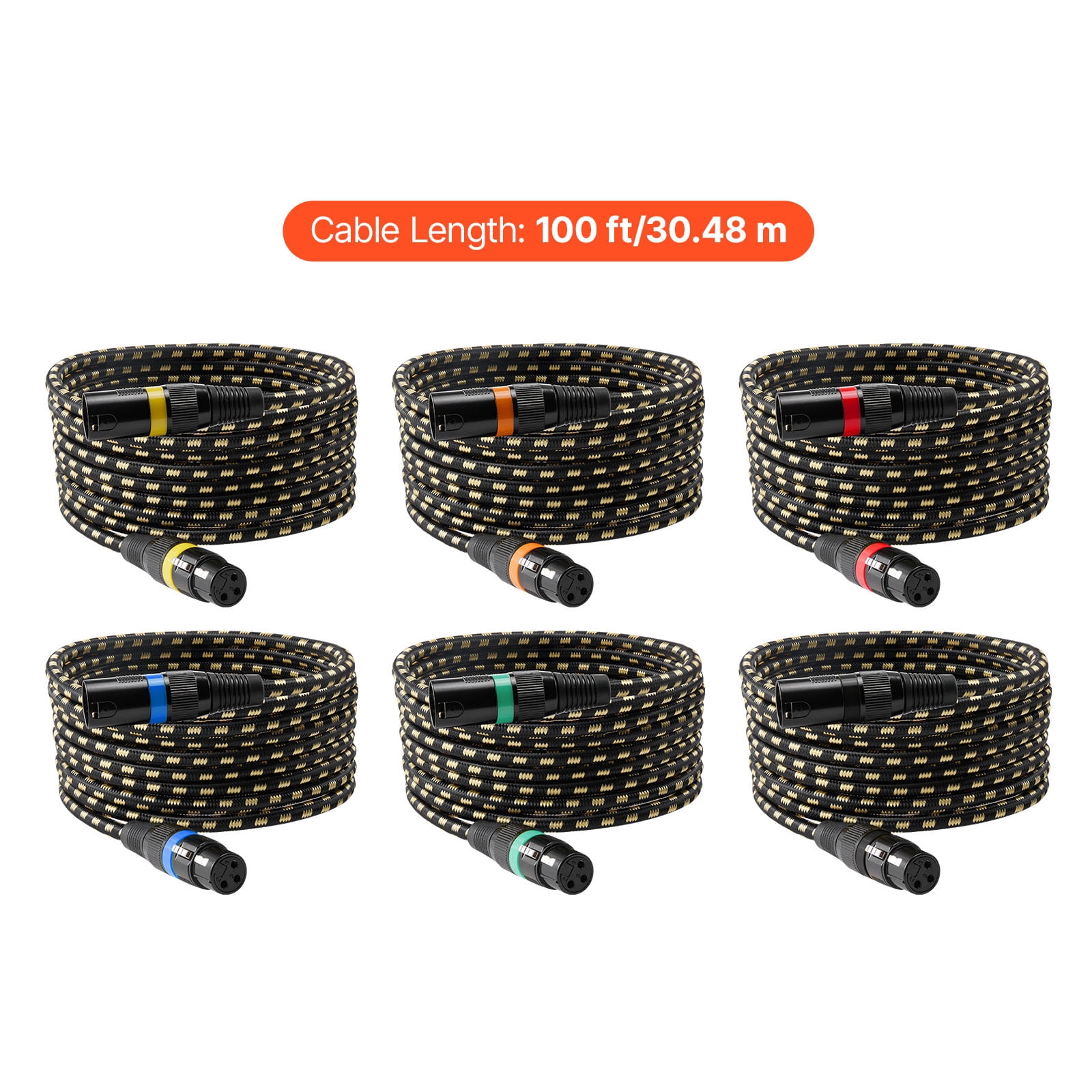 VEVOR XLR Cable 25 ft, 6 Pack, Shielded Balanced DMX Male to Female Microphone Cables, Gold-Plated 3-Pin XLR Mic Speaker Cord Wires, for Stage Lighting, Microphones, Amplifier, Mixer, Speaker Systems