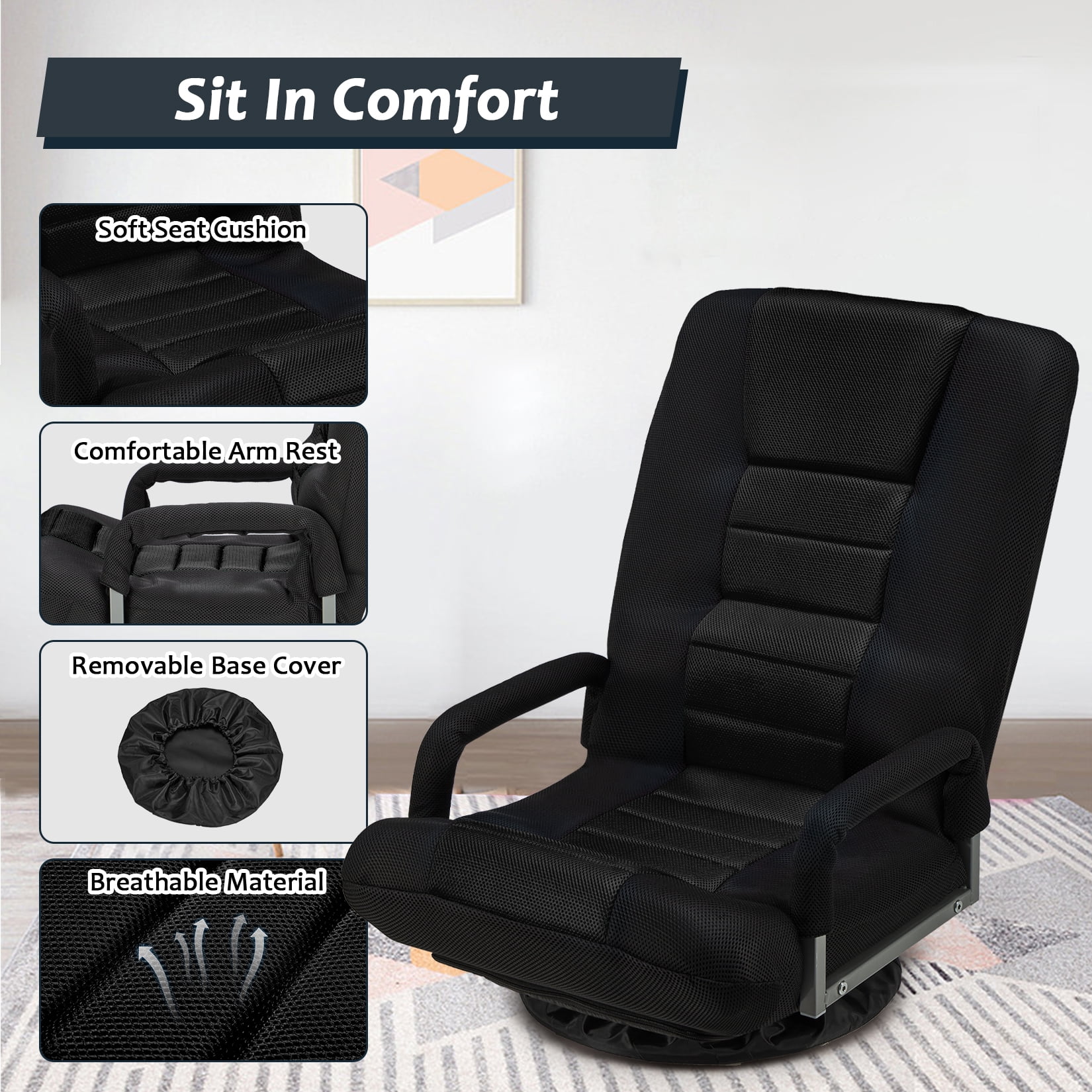 Avocahom Swivel Gaming Floor Chair w/ Armrest Handles, No Assembly gaming chair rocker, Folding Reclining Sofa w/6 Position Adjustable Backrest for Video Games, Watching TV, Reading,Black