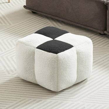 Ottoman Pouf White and Black Contrast Tidy Fabric Floor Chair - 17.7 * 17.7 * 15.7 Inch Squares, Soft Compressed Form Inside for Children and Ladies