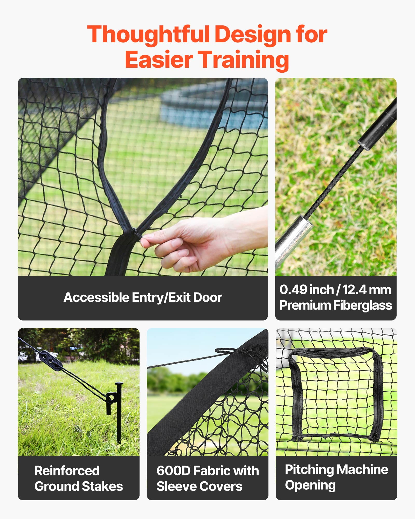 VEVOR Baseball Batting Cage, 22.2 x 12.1 x 7.9 FT Freestanding Portable Batting Cage, Hitting Cages with 4-Ply Knotless Polyester & Pitching Machine Opening, Battings Cages Netting for Indoor Outdoor