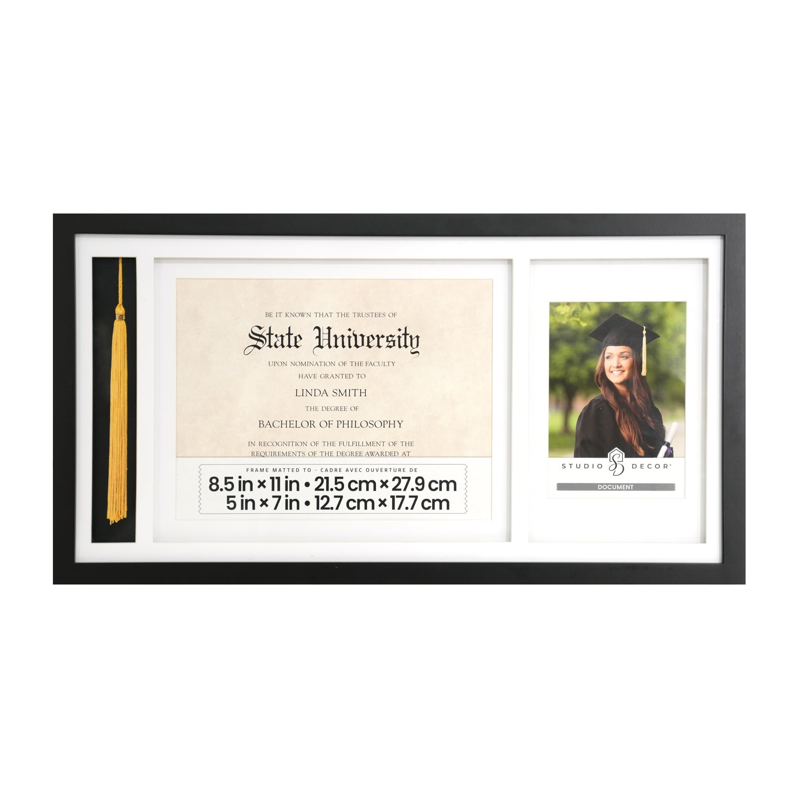Black Graduation Certification & Tassel Frames by Studio Decor – Holds 5" x 7" Photo - 8.5" x 11" Document - and 1 Standard Tassel - White Mat - Wall Mount with Turn Button - 6 Pack