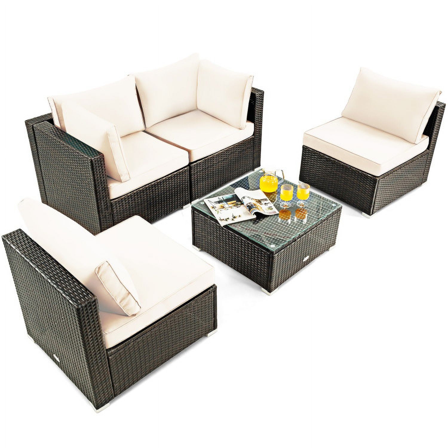 Aimee Lii 5 Pieces Cushioned Patio Rattan Furniture Set with Glass Table, Outdoor Patio Set, White