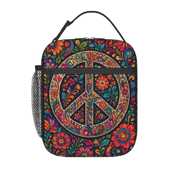 Floral Peace Sign Lunch Bag Reusable Thermal Lunch Tote with Handle for Women and Men