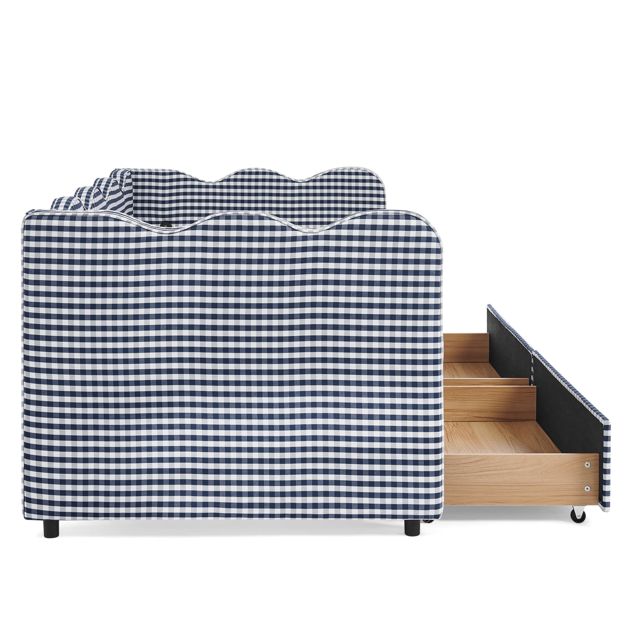 Noble House Corlan Twin Size Waved Daybed, Cozy Gingham Linen Sofa Bed with Storage Drawers and Charging Port, Navy Blue