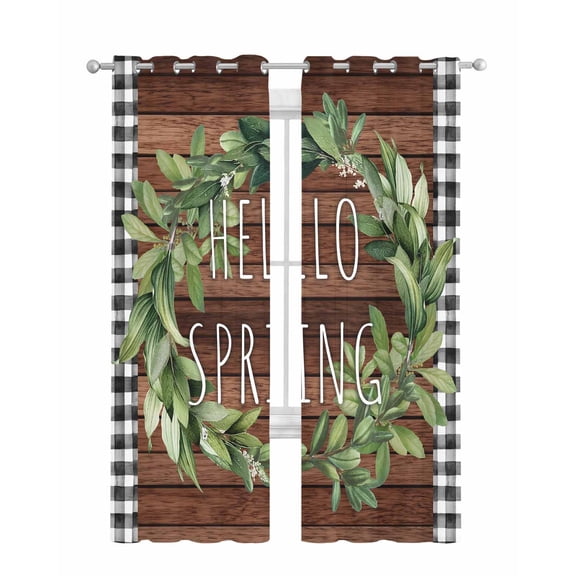 Farmhouse Green Garland Sheer Curtains 84 Inch Length 2 Panels Set for Living Room/Bedroom, Spring Black Plaid Wood Grain Kitchen Curtains Grommet Semi-Sheer Curtains Window Treatments 42"x84"x2
