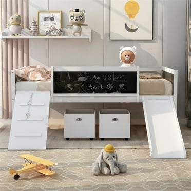 Twin Loft Bed for Kids Toddlers,Wood Low Loft Bed with 2 Storage Boxes,Slide,Chalkboard and Climbing Frame,Multi-Functional Loft Bed Frame with Underbed Space and Slats Support for Girls Boys,White