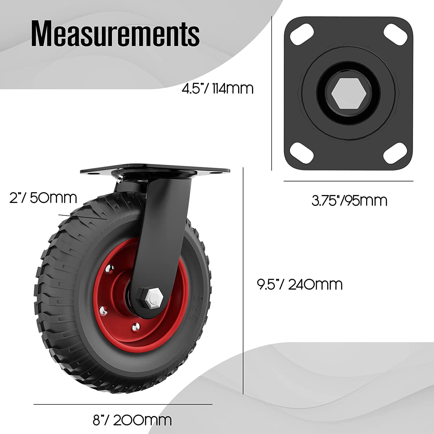 Houseables Swivel Heavy Duty Caster Wheel, Industrial Casters, 8 Inch, 1 Wheel, Red Rim, Rubber, Cast Iron, Large, Tires, Outdoor, Flat Free for Carts, Dolly, Workbench, Trolley, Black